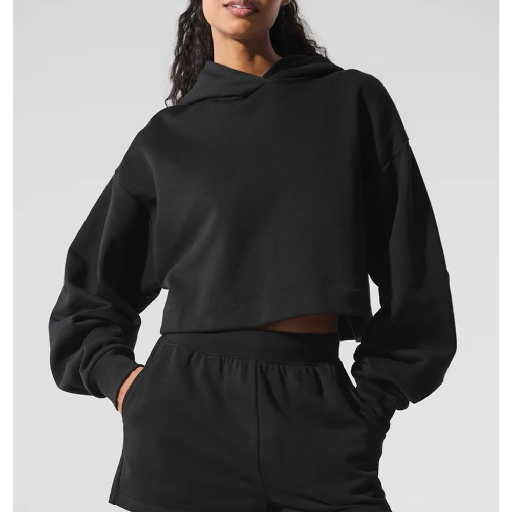 ALO Yoga Bae Hoodie Black Cropped Pullover Hoodie, M NWT